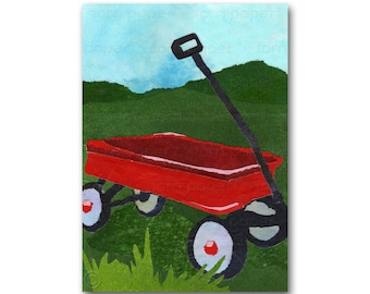 LITTLE RED WAGON - Collage Art Card - Print for a Child&#39;s Room - Childhood Memories - Collectable Vintage Toy - 1950&#39;s Radio Flyer (CMEM090)