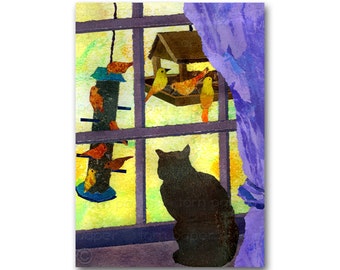 Bird Watching - CARD or PRINT - Backyard Simple Pleasures - Kitty Cat - Bird Lover - Retro Art Card (CMEM2013069)