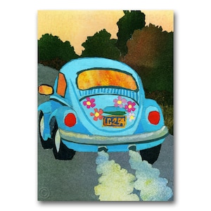 May include: A blue Volkswagen Beetle with a license plate that reads "LC 254" drives down a road with a trail of smoke coming from the exhaust pipe. The car has flowers on the back window.
