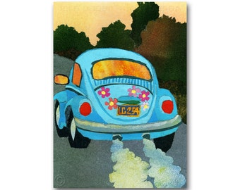 V W Bug - 1970&#39;s Flower Power Stickers - Volkswagon Beetle - Retro Art Card or Print with a Free Mat - Traveling the Road of Life (CMEM008)