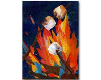 Roasting Marshmallows - NOSTALGIA CARD or Print with a Free Mat - Childhood Memories  -Camping -1950's Retro Art Card (CMEM2013091)