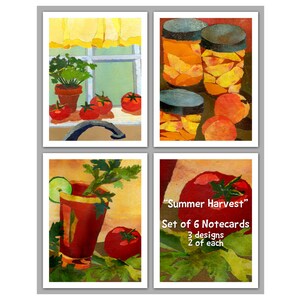 May include: Set of six watercolor notecards featuring three different designs of summer harvest imagery. The designs include a windowsill with tomatoes and herbs, a glass of tomato juice with celery, and jars of preserved peaches. The text "Summer Harvest" and "Set of 6 Notecards" is printed on the bottom right card.