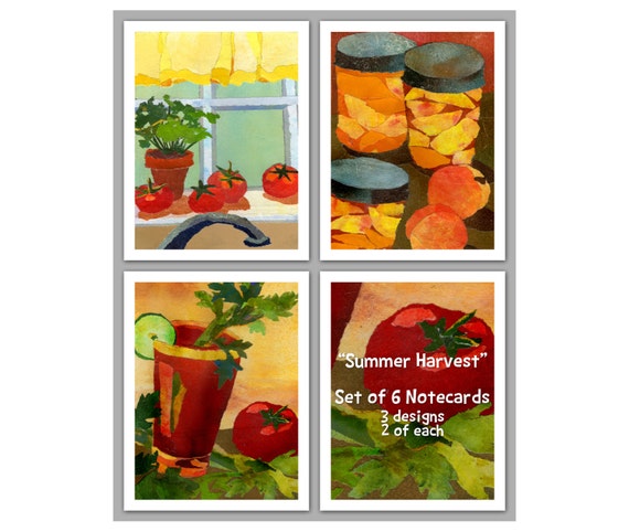 Summer Harvest - Set of 6 NOTE CARDS - Childhood Memories - Nostalgia - Collage Art by Linda Henry - gift for the Gardener (NCSMEM038)