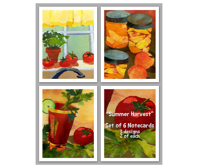 May include: Set of six watercolor notecards featuring three different designs of summer harvest imagery. The designs include a windowsill with tomatoes and herbs, a glass of tomato juice with celery, and jars of preserved peaches. The text "Summer Harvest" and "Set of 6 Notecards" is printed on the bottom right card.