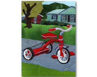 The Red Tricycle - Greeting Card or Print - Childhood Memories Collection - frame-able 1950's Retro Art - Child's Room Decor (CMEM2013103)