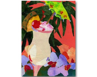 PINA COLADA - Tropical 5"x7" Collage Art Card - Summer Party Invitation Tiki Bar - Honeymoon - Island Dreams - 1950s Retro Art (CMEM2013084)