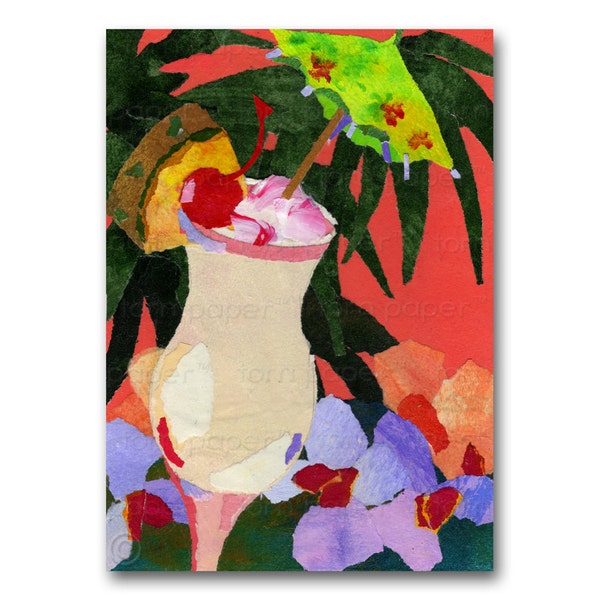 PINA COLADA - Tropical 5"x7" Collage Art Card - Summer Party Invitation Tiki Bar - Honeymoon - Island Dreams - 1950s Retro Art (CMEM2013084)