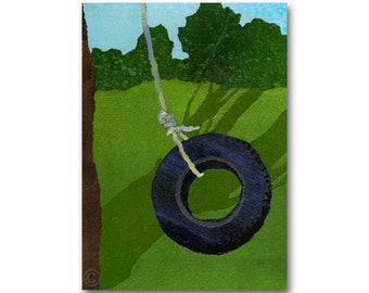 A Tire Swing - Childhood Memories - Child's Room Decor - Greeting Card or Retro Art Print with a custom mat (CMEM2013024)