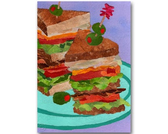 Classic Club Sandwich - Dagwood - Greeting CARD or Matted PRINT - Retro Diner - Route 66 - Vintage look collage Art by Linda Henry (CMEM054)