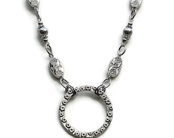 Swarovski Pearl Lanyard Necklace: Beaded Silver ID Badge Holder