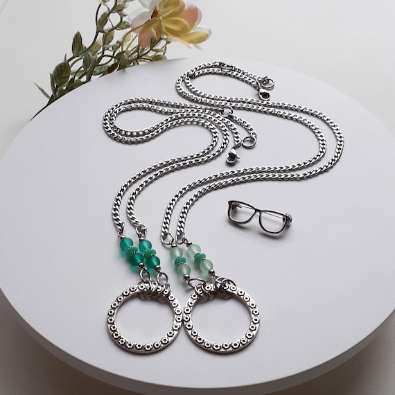 Shades of Green Beaded Eyeglass Chain Necklace: With Tarnish