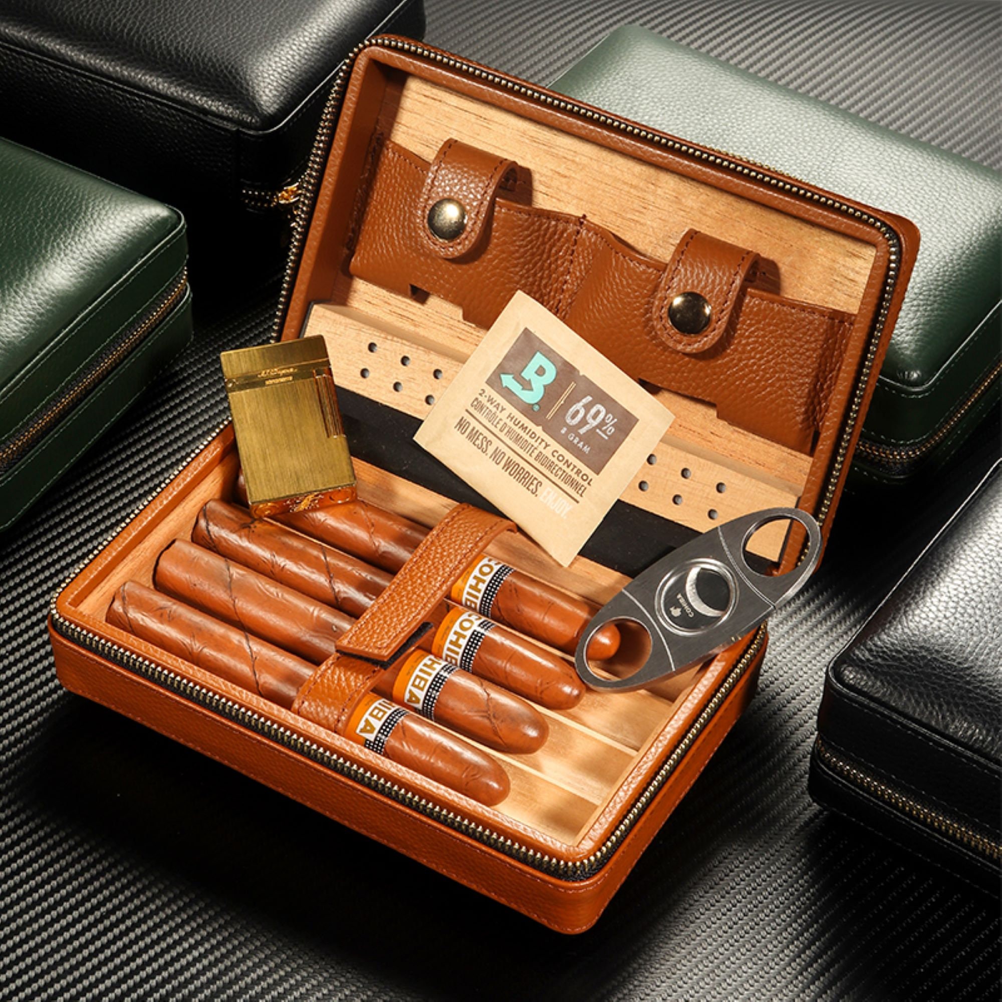 Caja de humidor de cigarros de viaje con accesorios para puros, cedro  español y humidificador, cortador de puros, soporte de puros, cortador de  puros