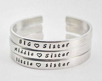 Big Sister Middle Sister Little Sister Cuff Bracelet Set, Three Sisters Bracelets, Sister Matching Cuff Bangles, Big Mid Lil Sis Gift