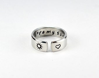 You Are My Sunshine Ring, Personalized Adjustable Ring, Hand Stamped Aluminum Ring, Two Sides Stamped Affirmation Rings