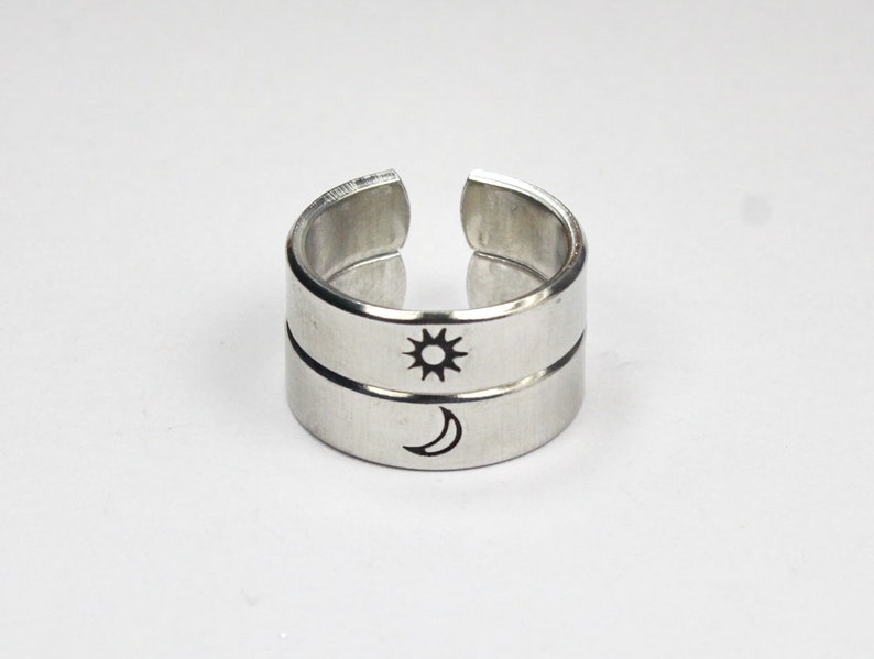 Sun And Moon Ring Set, Simple Couples Rings, Friendship Gift Rings, Custom Personalized Hand Stamped Aluminum Ring m8-1 