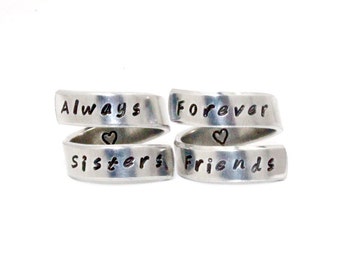 Always Sisters Forever Friends Ring Set, Sisters Best Friends Rings, Cadeau BFF personnalisé estampillé à la main, Besties Bijoux Bagues d’emballage en aluminium