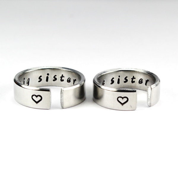 Big Sister Little Sister Ring Set, Adjustable Aluminum Sisters Ring, Personalized Hand Stamped Love And Friendship Jewelry