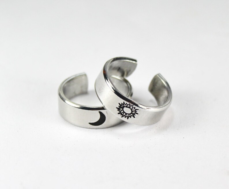 Sun And Moon Ring Set, Simple Couples Rings, Friendship Gift Rings, Custom Personalized Hand Stamped Aluminum Ring m6-1 image 4