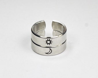 Sun Or Moon Ring, Simple Couples Rings, Friendship Gift Rings, Custom Personalized Hand Stamped Aluminum Ring