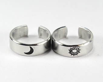 Sun And Moon Ring Set, Simple Couples Rings, Friendship Gift Rings, Custom Personalized Hand Stamped Aluminum Ring m6-1