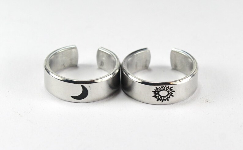 Sun And Moon Ring Set, Simple Couples Rings, Friendship Gift Rings, Custom Personalized Hand Stamped Aluminum Ring m6-1 image 1