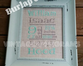 Puede incluir: Un marco de fotos azul claro con un fondo de arpillera. El marco contiene texto bordado que dice "William Isaac 9 lbs 21 1/2 pulgadas 7:02 12:30 PM Hood".