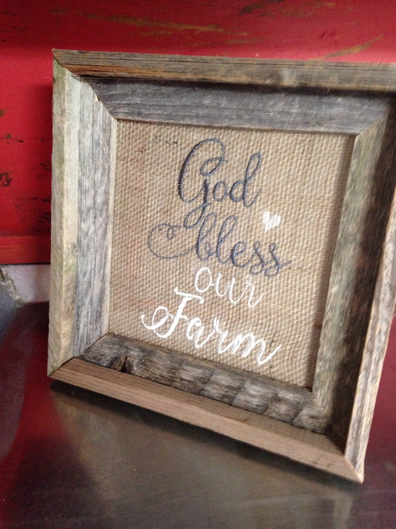 God Bless Our Farm Embroidered Burlap Signs Gift Farmhouse Decor image 1