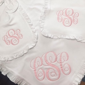 Personalized Monogram Baby Girl Ruffled Bib Burp Cloth Blanket Set,Newborn Shower Gift