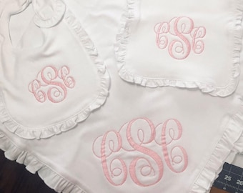 Newborn Girl’s Personalized Monogram Ruffled Bib Burp Cloth Blanket Set Gift
