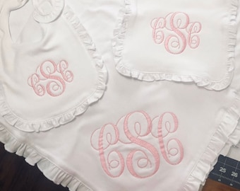 Personalized Monogram Baby Girl Ruffled Bib Burp Cloth Blanket Set,Newborn Shower Gift