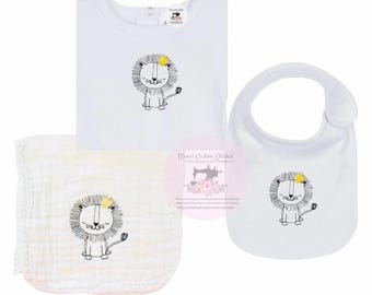 Baby Boy’s Crowned Lion Bodysuit Burp Cloth Bib Newborn  Gift Set