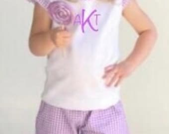 Girl’s Monogram Flutter Sleeve Gingham Tshirt and Gingham Shorts Matching Set