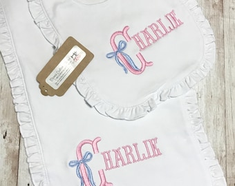 Personalized Ruffled Baby Blanket, Burp Cloth, Bib Set, Coquette Bow Shower Gift
