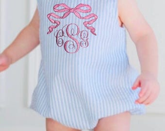 Personalized Name Monogram Coquette Bow Baby Girls Toddler Summer Sun Bubble Romper