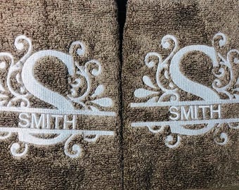 Personalized Split Initial/Name Embroidered Bath Towel Sets Gift