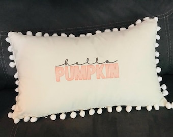 Hello Pumpkin Pom Pom Velvet Lumbar Throw Pillow Cover ,12x20, Fall Decor,Housewarming Gifts