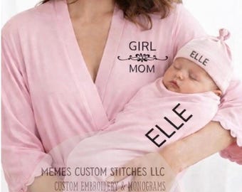 Matching Mommy Robe and Personalized Newborn Swaddling Set Gift