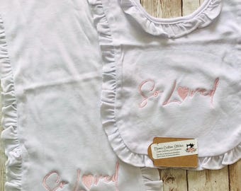 Baby Girl So Loved Ruffled Bib Burp Cloth Blanket Set,Newborn Shower Gift