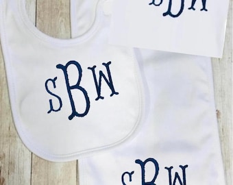 Personalized Monogram Baby Boy Bib Burp Cloth Blanket Set,Newborn Shower Gift
