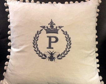 French Country Crown Bee Wreath PomPom Velvet Pillow Cover