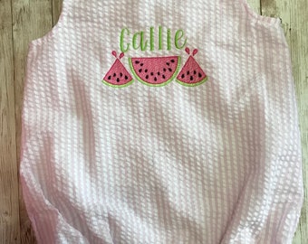Personalized Name Baby Girls Toddler Watermelon  Summer Vacation  Seersucker Sun Bubble Romper