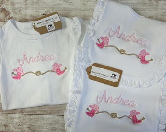 Baby Girl Personalized Name Western Gift Set: Ruffled Bib, Burp Cloth & Bodysuit