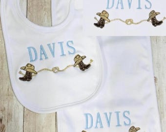 Personalized Baby Boy Western Cowboy Bib, Burp Cloth, Bodysuit Set