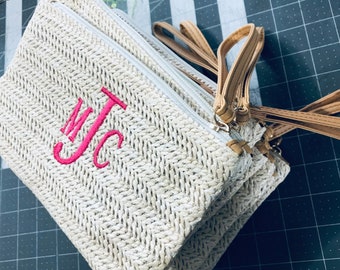 Monogram Small Straw Summer Wristlet Clutch Purse Wallet Gift
