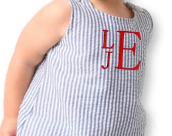 Personalized Monogram Baby Toddler Summer Vacation  Seersucker Sun Sunsuit Romper