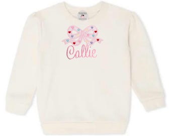 Girl’s Personalized Hearts Coquette Bow Fleece Sweatshirt