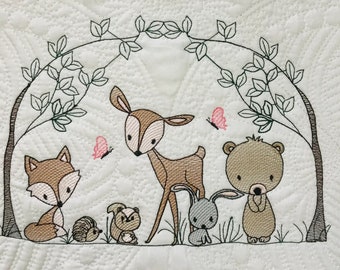 Personalized Handmade Forest Animals Baby Toddler Quilt Blanket ,Baby Shower Gift, Nursery Decor