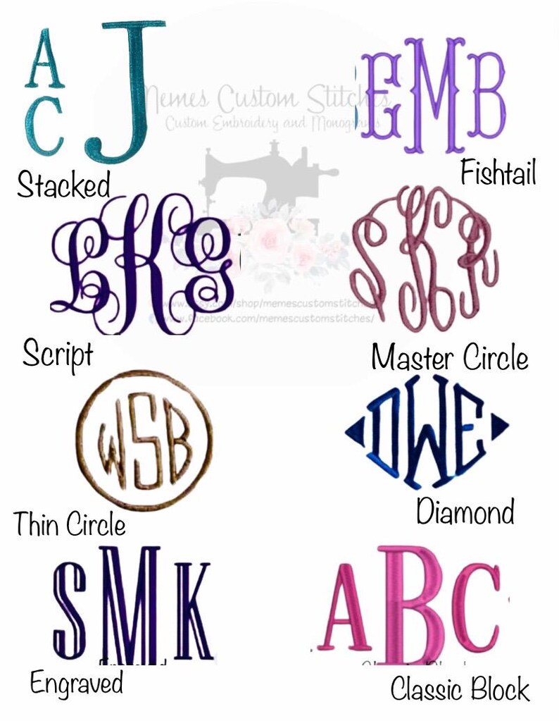 Puede incluir: Una gu&iacute;a visual de los diferentes estilos de monogramas, incluyendo apilado, guion, c&iacute;rculo delgado, diamante, grabado y bloque cl&aacute;sico. Cada estilo se muestra con un conjunto diferente de letras.
