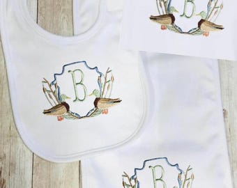 Personalized Initial  Baby Boys Mallard Duck Baby Bib , Burp Cloth,Bodysuit Newborn Gift Set