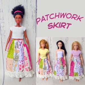 May include: Dolls wearing patchwork skirts in various colors and patterns. The skirts feature floral and geometric designs, with a white lace trim at the hem. The text "PATCHWORK SKIRT" is displayed above the dolls.
